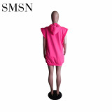 Fashion casual sleeveless hooded loose solid color dress