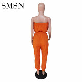 Amazon casual strapless pocket belt summer women solid color one piece jumpsuit