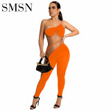 Women's sexy one-shoulder halter halter jumpsuit in solid color mesh stitching jumpsuit