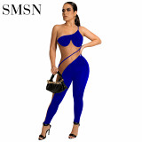 Women's sexy one-shoulder halter halter jumpsuit in solid color mesh stitching jumpsuit