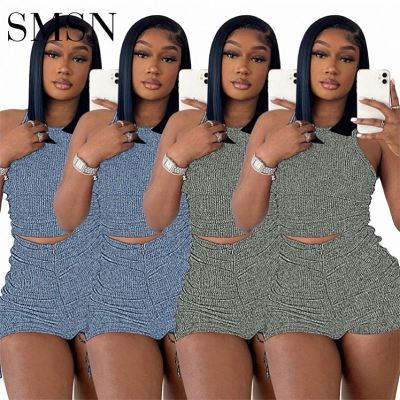 Two Piece Set Women Clothing Hot vest sports casual pleated denim print two-piece set