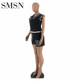 Women's sleeveless thread short sleeve shorts sport suit solid color elastic two-piece set