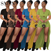 Amazon's new fashion slits hollow pit strip solid color two-piece set