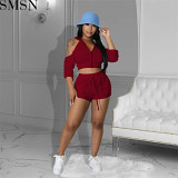 2 Piece Set Women Solid color zipper pleated sexy backless two-piece set