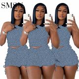 Two Piece Set Women Clothing Hot vest sports casual pleated denim print two-piece set