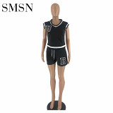 Women's sleeveless thread short sleeve shorts sport suit solid color elastic two-piece set