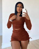 2 piece set women Amazon Summer Fashion Solid Color U-collar Long sleeve Shorts Pleated casual Suit