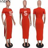 Ladies printed solid color slit T-shirt women's top 