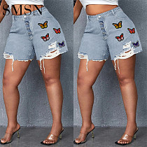 Plus-size women's fashion butterfly decorative hole jean shorts for women