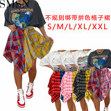 Fashion irregular color matching sleeve shirt tartan skirt