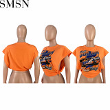 Fashion women's cool racing print sleeveless side cutout T-shirt top