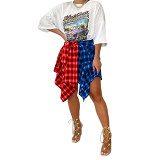 Fashion irregular color matching sleeve shirt tartan skirt