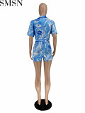 2 Piece Set Women women's fashion printed short-sleeved shirt strap beach pants loose leisure suit