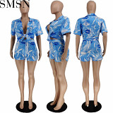 2 Piece Set Women women's fashion printed short-sleeved shirt strap beach pants loose leisure suit