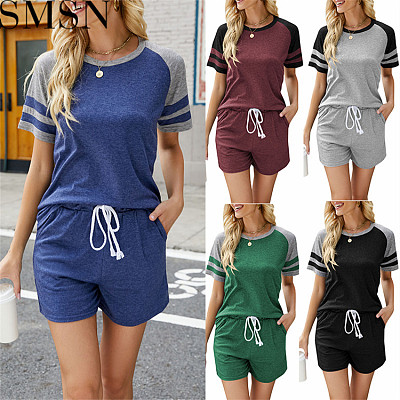 2 piece set women Summer 2022 New short sleeve striped T-shirt pocket shorts casual two-piece suit