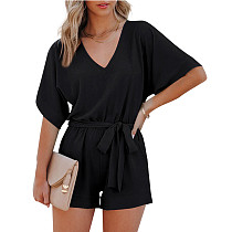 new Amazon Women's V-neck, short-sleeve, belted and belted loose jumpsuit for summer 2022