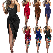 Solid color sexy sequin slit full skirt pleated single shoulder evening dress