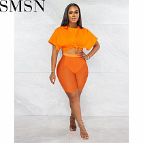 2 Piece Set Women summer navel short T-shirt mesh shorts two-piece set