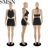 2 Piece Set Women summer 22 new fashion halter backless draped dress suit