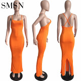 Women casual dress solid color cotton full dress halter belt split sexy maxi long dress