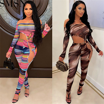 Women Jumpsuits And Rompers fashion skinny print trousers off-shoulder hollow-out jumpsuit