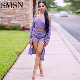 3 piece set women Fashion leisure ribbed knitting solid color summer new three piece sets