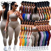2 piece set women Amazon Sports Casual Suit solid color single slant shoulder heart yoga pants two-piece set