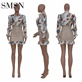Women dress fashion long sleeve flounces floral mesh stitching hip wrap skirt sexy casual women mini dress