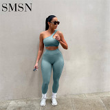 2 piece set women Amazon Sports Casual Suit solid color single slant shoulder heart yoga pants two-piece set