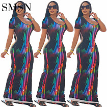 casual dress 2022 summer Random Color Printed U collar Short sleeve women Dress