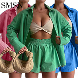 two-piece set women clothing Amazon summer fashion single breasted shirt long sleeve solid color casual outfits two piece set
