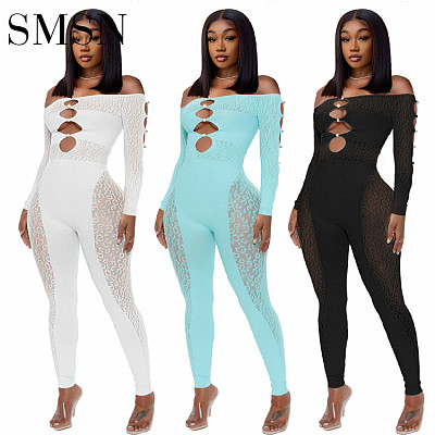 Amazon's new summer See-through leopard print pearl button one-shoulder sexy jumpsuit