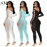 Amazon's new summer See-through leopard print pearl button one-shoulder sexy jumpsuit