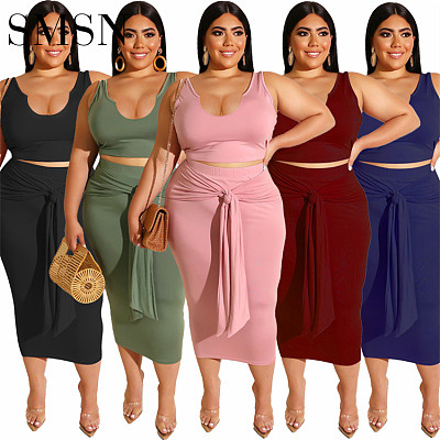 women skirt set Amazon summer fat lady large size women's new plain color fashion deep V two-piece skirt set