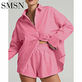 two-piece set women clothing Amazon summer fashion single breasted shirt long sleeve solid color casual outfits two piece set
