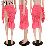 Women's nightclub sexy solid color knotted slit stretch pleated skirt