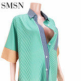 Club wear striped button pocket loose front short back shirt
