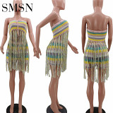 two piece set women clothing Fashion colorful knit tassel 2 piece set women summer suit