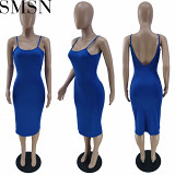 Fashion women dress pure color simple backless slip dress