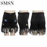 Amazon hot fashion sexy butt wrap fringed butterfly embroidered jean shorts pants
