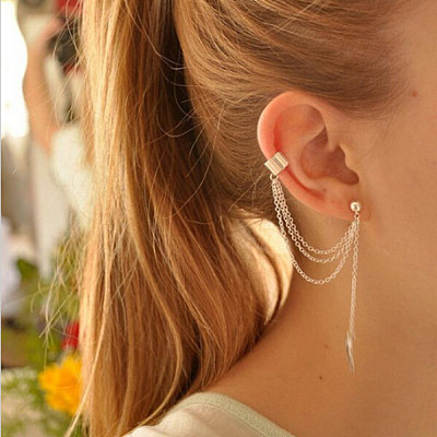 Personality earring ear clip metal leaf tassel earring ear clip wholesale