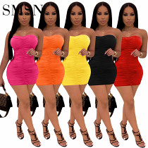 Women casual dress summer candy color Strapless mini Pleated skirt dress