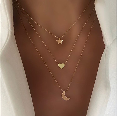 New golden pendant clavicle chain creative retro simple star moon love pendant necklace