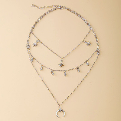 Moon horn pendant three layer set diamond crystal clavicle necklace accessories wholesale