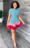 Fashion dress for women summer color block short sleeve pleated dress