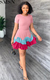 Fashion dress for women summer color block short sleeve pleated dress