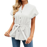Amazon summer new solid color V neck button belt cotton short sleeve women shirt