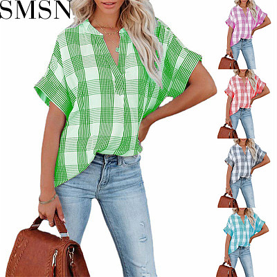 2022 spring and summer short sleeve plaid shirt printed V neck loose casual top women