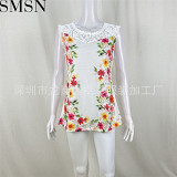 2022 summer printed round neck lace edge casual loose colored cotton women vest