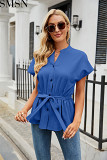 Amazon summer new solid color V neck button belt cotton short sleeve women shirt